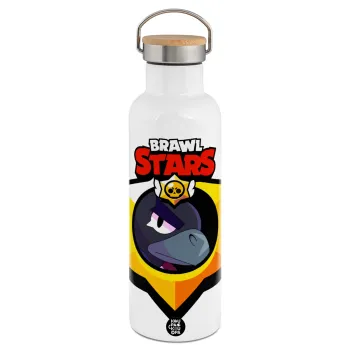 Brawl Stars Crow, Μεταλλικό παγούρι θερμός (Stainless steel) Λευκό με ξύλινο καπάκι (bamboo), διπλού τοιχώματος, 750ml