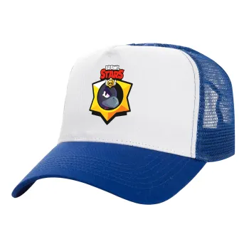 Brawl Stars Crow, Adult Structured Trucker Hat, with Mesh, WHITE/BLUE (100% COTTON, ADULT, UNISEX, ONE SIZE)