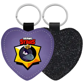 Brawl Stars Crow, Μπρελόκ PU δερμάτινο glitter καρδιά ΜΑΥΡΟ