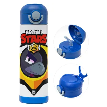 Brawl Stars Crow, Παιδικό παγούρι θερμό, ανοξείδωτο, με καλαμάκι ασφαλείας, ΜΠΛΕ (500ml)