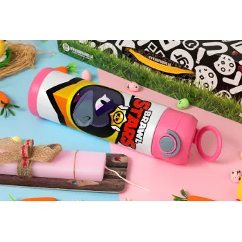 Brawl Stars Crow, Πασχαλινή Λαμπάδα με Παιδικό παγούρι θερμό, ανοξείδωτο, με καλαμάκι ασφαλείας, ΡΟΖ (500ml)