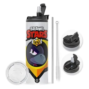 Brawl Stars Crow, Travel Tumbler θερμό με διπλό καπάκι, μεταλλικό καλαμάκι και βούρτσα καθαρισμού (Ανωξείδωτο 304 Food grade, BPA free, 600ml)