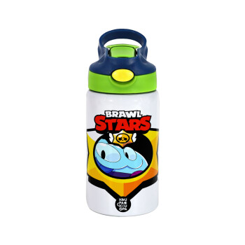 Brawl Stars Squeak, Children's hot water bottle, stainless steel, with safety straw, green, blue (350ml)