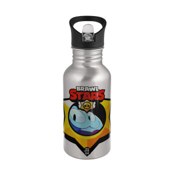 Brawl Stars Squeak, Water bottle Silver with straw, stainless steel 500ml