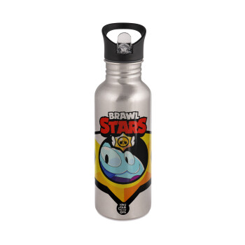 Brawl Stars Squeak, Water bottle Silver with straw, stainless steel 600ml