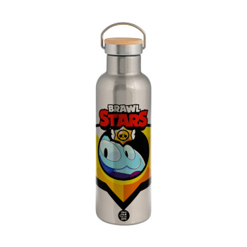 Brawl Stars Squeak, Stainless steel Silver with wooden lid (bamboo), double wall, 750ml
