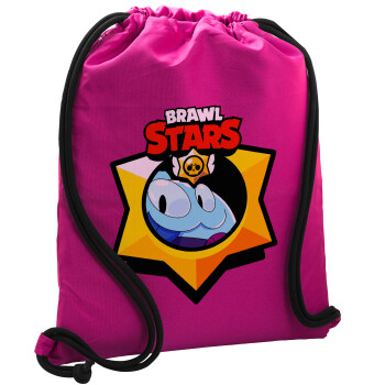 Brawl Stars Squeak, Τσάντα πλάτης πουγκί GYMBAG Φούξια, με τσέπη (40x48cm) & χονδρά κορδόνια