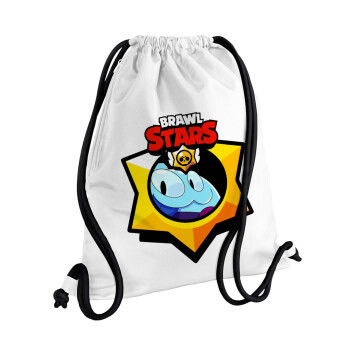 Brawl Stars Squeak, Τσάντα πλάτης πουγκί GYMBAG λευκή, με τσέπη (40x48cm) & χονδρά κορδόνια