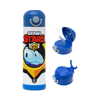 Brawl Stars Squeak, Children's hot water bottle, stainless steel, with safety straw, BLUE (500ml)