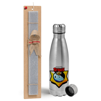 Brawl Stars Squeak, Easter Set, metallic Inox water bottle (750ml) & aromatic flat Easter candle (30cm) (GRAY)