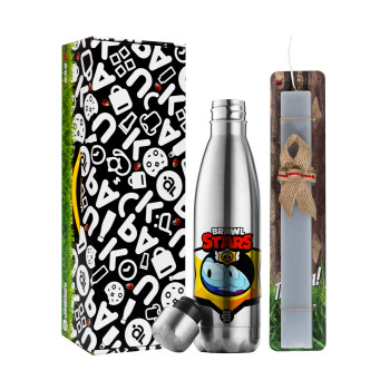 Brawl Stars Squeak, Easter Set, metallic stainless thermos flask (500ml) & scented flat Easter candle (30cm) (GRAY)