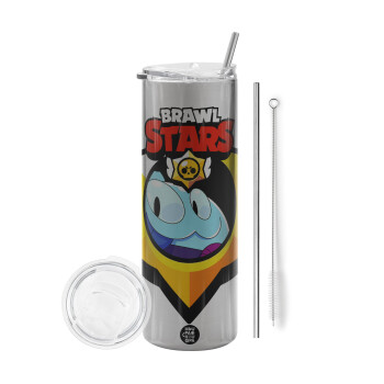 Brawl Stars Squeak, Eco friendly ποτήρι θερμό Ασημένιο (tumbler) από ανοξείδωτο ατσάλι 600ml, με μεταλλικό καλαμάκι & βούρτσα καθαρισμού