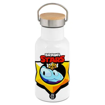Brawl Stars Squeak, Metallic thermos (Stainless steel) White with wooden lid (bamboo), double-walled, 350ml