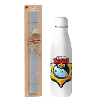 Brawl Stars Squeak, Easter Set, metallic stainless thermos bottle (500ml) & scented flat Easter candle (30cm) (GRAY)