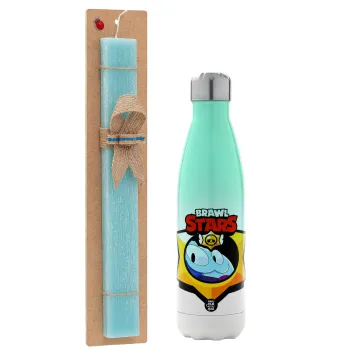 Brawl Stars Squeak, Easter Set, Metallic green/white thermos (Stainless steel), double-walled, 500ml & scented flat Easter candle (30cm) (TURQUOISE)