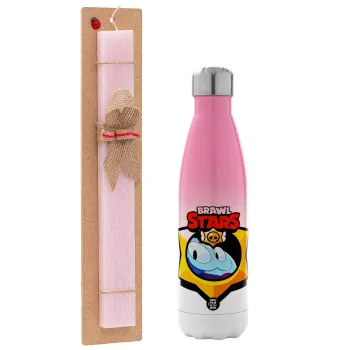 Brawl Stars Squeak, Πασχαλινή Λαμπάδα με Μεταλλικό παγούρι θερμός Ροζ/Λευκό (Stainless steel), διπλού τοιχώματος, 500ml & κερί αρωματικό πλακέ (30cm) (ΡΟΖ)