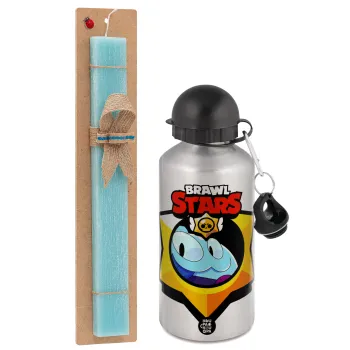 Brawl Stars Squeak, Easter Set, metallic silver aluminum water bottle (500ml) & scented flat Easter candle (30cm) (TURQUOISE)
