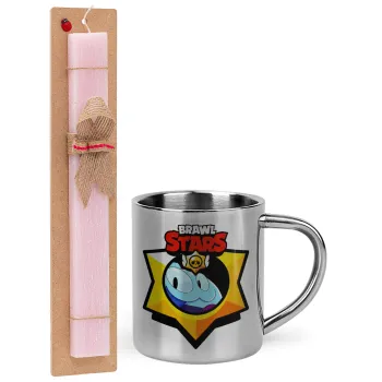 Brawl Stars Squeak, Easter Set, metallic thermal cup (300ml) & aromatic flat Easter candle (30cm) (PINK)