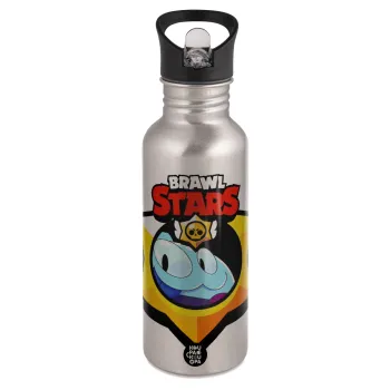 Brawl Stars Squeak, Παγούρι νερού Ασημένιο με καλαμάκι, ανοξείδωτο ατσάλι 600ml