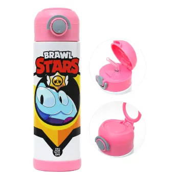 Brawl Stars Squeak, Children's hot water bottle, stainless steel, with safety straw, PINK (500ml)