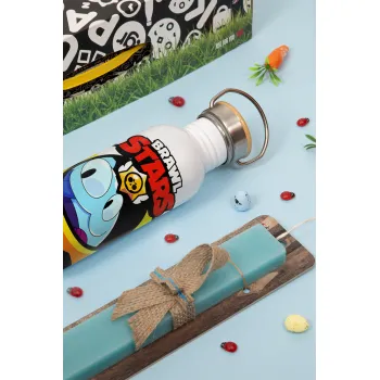 Brawl Stars Squeak, Easter Set, metallic silver aluminum water bottle (500ml) & scented flat Easter candle (30cm) (TURQUOISE)