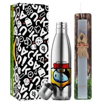 Brawl Stars Squeak, Easter Set, metallic stainless thermos flask (500ml) & scented flat Easter candle (30cm) (GRAY)