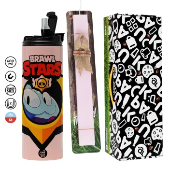 Brawl Stars Squeak, Easter candle,Travel Tumbler 2 Lids, with metal straw & cleaning brush & aromatic flat candle (30cm) (PINK)