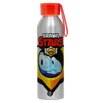 Brawl Stars Squeak, Αλουμινένιο Αθλητικό Μπουκάλι 650ml – Ασημί με Κόκκινο Καπάκι και Λουράκι Σιλικόνης