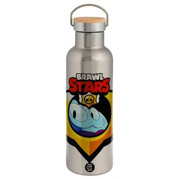 Brawl Stars Squeak, Μεταλλικό παγούρι θερμός (Stainless steel) Ασημένιο με ξύλινο καπακι (bamboo), διπλού τοιχώματος, 750ml