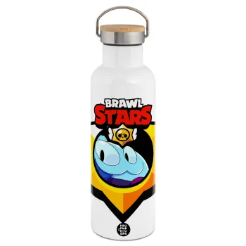 Brawl Stars Squeak, Μεταλλικό παγούρι θερμός (Stainless steel) Λευκό με ξύλινο καπάκι (bamboo), διπλού τοιχώματος, 750ml