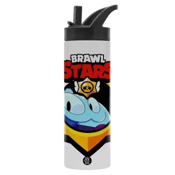 Brawl Stars Squeak, Μεταλλικό παγούρι θερμός με καλαμάκι & χειρολαβή, ανοξείδωτο ατσάλι (Stainless steel 304), διπλού τοιχώματος, 600ml