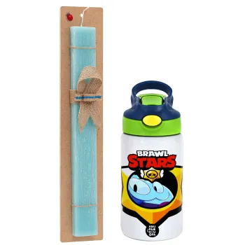 Brawl Stars Squeak, Easter Set, Children's thermal stainless steel bottle with safety straw, green/blue (350ml) & aromatic flat Easter candle (30cm) (TURQUOISE)