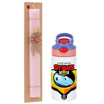 Brawl Stars Squeak, Πασχαλινή Λαμπάδα με Παιδικό παγούρι θερμό, ανοξείδωτο, με καλαμάκι ασφαλείας, ροζ/μωβ (350ml) & κερί αρωματικό πλακέ (30cm) (ΡΟΖ)