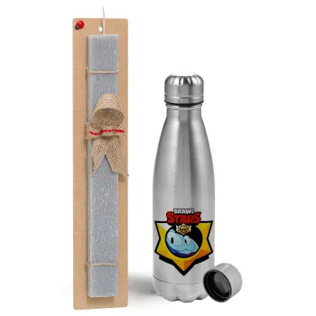 Brawl Stars Squeak, Easter Set, metallic Inox water bottle (750ml) & aromatic flat Easter candle (30cm) (GRAY)
