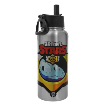Brawl Stars Squeak, Μεταλλικό παγούρι θερμός Silver με καλαμάκι και χερούλι (Stainless steel), διπλού τοιχώματος, 950ml