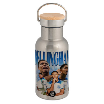 Jude Bellingham, Stainless steel metallic thermos flask, silver with a bamboo lid, double-walled, 350ml.