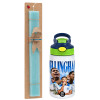 Easter Set, Children's thermal stainless steel bottle with safety straw, green/blue (350ml) & aromatic flat Easter candle (30cm) (TURQUOISE)