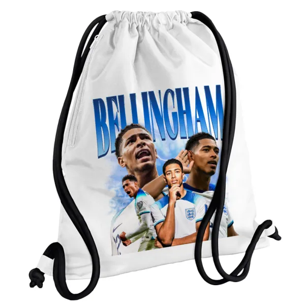 Jude Bellingham — Τσάντα πλάτης πουγκί GYMBAG λευκή, με τσέπη (40x48cm) & χονδρά κορδόνια