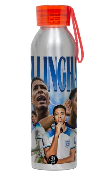 Jude Bellingham — Aluminum Sports Bottle 650ml – Silver with Red Cap and Silicone Strap