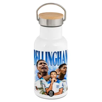 Jude Bellingham, Μεταλλικό παγούρι θερμός (Stainless steel) Λευκό με ξύλινο καπακι (bamboo), διπλού τοιχώματος, 350ml