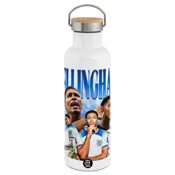 Jude Bellingham, Μεταλλικό παγούρι θερμός (Stainless steel) Λευκό με ξύλινο καπάκι (bamboo), διπλού τοιχώματος, 750ml