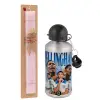Easter Set, metallic Silver aluminum water bottle (500ml) & scented flat Easter candle (30cm) (PINK)