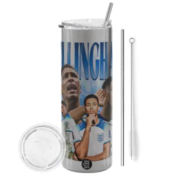 Jude Bellingham, Tumbler ποτήρι θερμό Ασημένιο από ανοξείδωτο ατσάλι 600ml, με μεταλλικό καλαμάκι & βούρτσα καθαρισμού