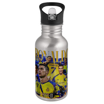 Cristiano Ronaldo Al Nassr, Water bottle Silver with straw, stainless steel 500ml