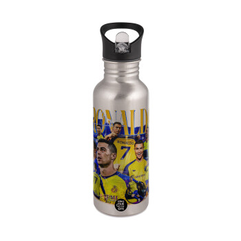 Cristiano Ronaldo Al Nassr, Water bottle Silver with straw, stainless steel 600ml