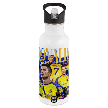 Cristiano Ronaldo Al Nassr, White water bottle with straw, stainless steel 600ml