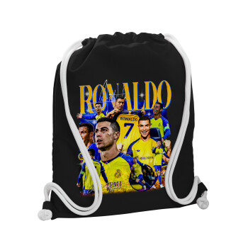Cristiano Ronaldo Al Nassr, Τσάντα πλάτης πουγκί GYMBAG Μαύρη, με τσέπη (40x48cm) & χονδρά λευκά κορδόνια