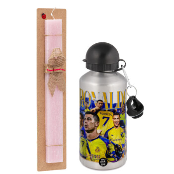 Cristiano Ronaldo Al Nassr, Easter Set, metallic Silver aluminum water bottle (500ml) & scented flat Easter candle (30cm) (PINK)