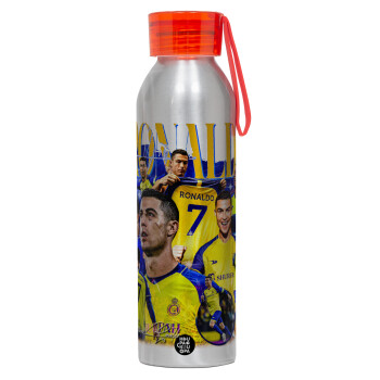 Cristiano Ronaldo Al Nassr, Αλουμινένιο Αθλητικό Μπουκάλι 650ml – Ασημί με Κόκκινο Καπάκι και Λουράκι Σιλικόνης