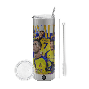 Cristiano Ronaldo Al Nassr, Eco friendly stainless steel Silver tumbler 600ml, with metal straw & cleaning brush